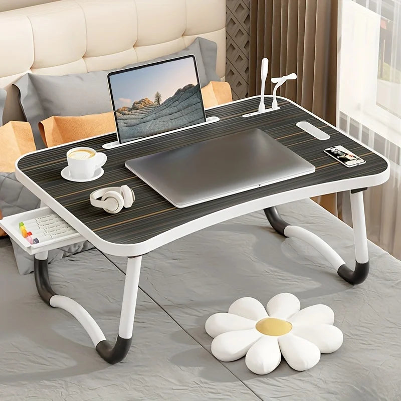 Portable Laptop Desk with USB Light Small Fan Cup Holder Tablet Slot and Lifting Handle Foldable Laptop Table for Working