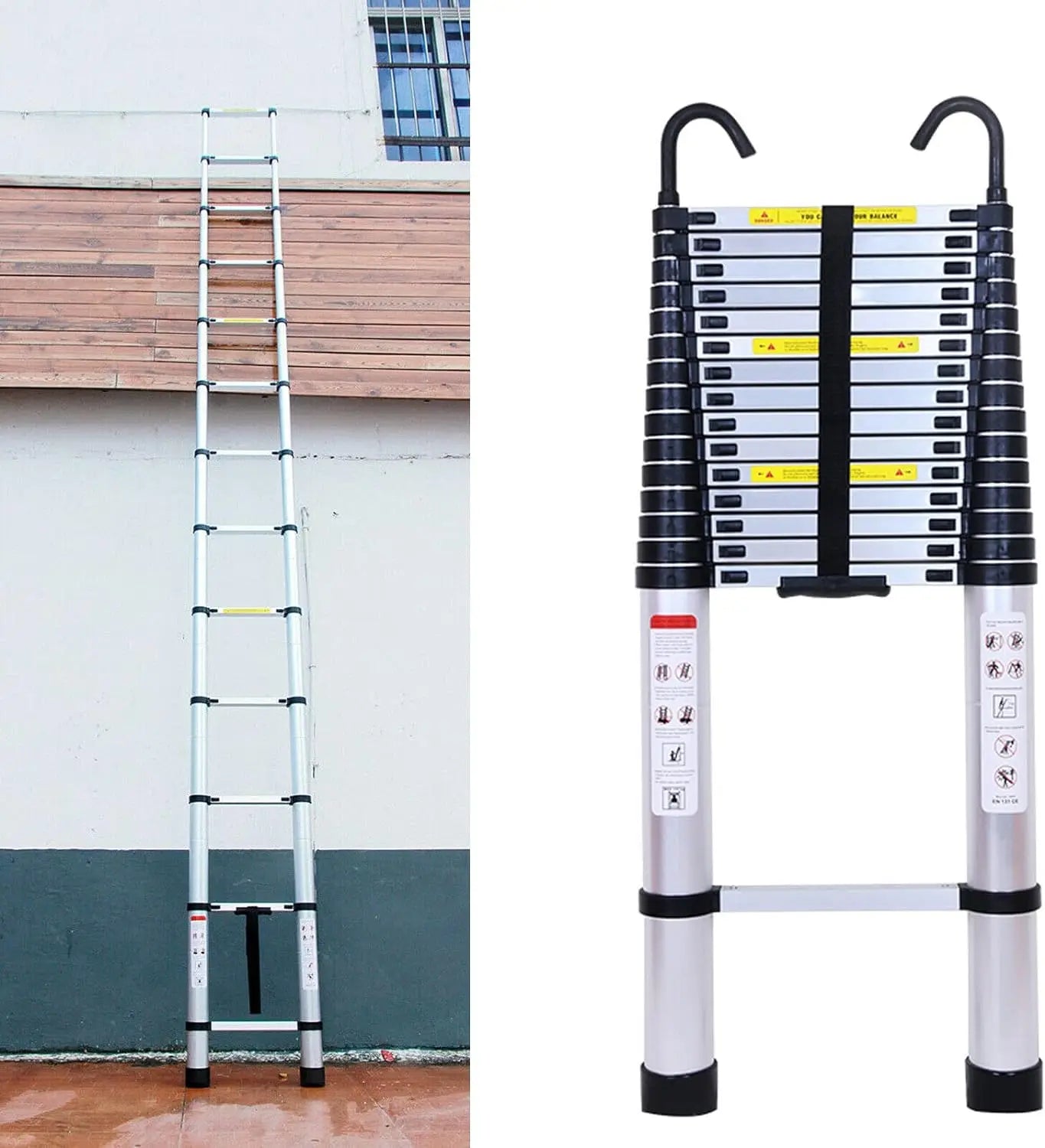 DayPlus Telescopic Ladder 6.2M 20.3FT with Detachable Hooks Extendable Steps Folding Tall Loft Collapsible Ladder with Non Slip Feet