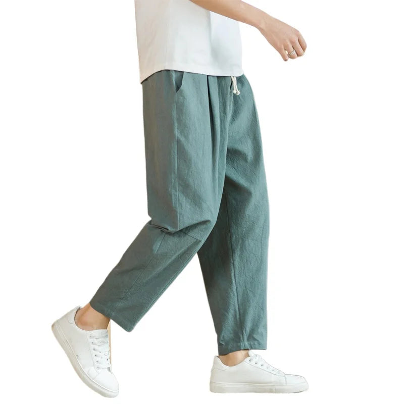 New Cotton Linen Men's Casual Solid Color Breathable Streetwear Loose Straight Drawstring Baggy Lightweight Sport Pants