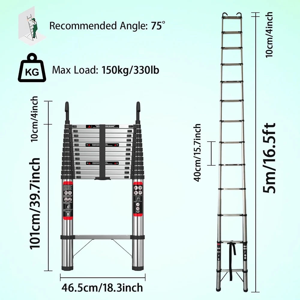 Extendable Telescopic Ladder 2.6M to 5M Heavy Duty Multi Purpose Folding Stainless Steel Portable Loft Ladder Tool
