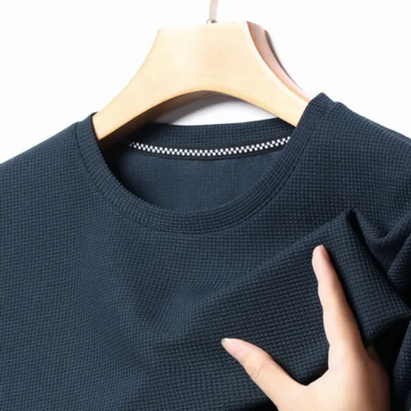 New Summer Waffle Round Neck Short Sleeved T Shirt for Men Casual Top