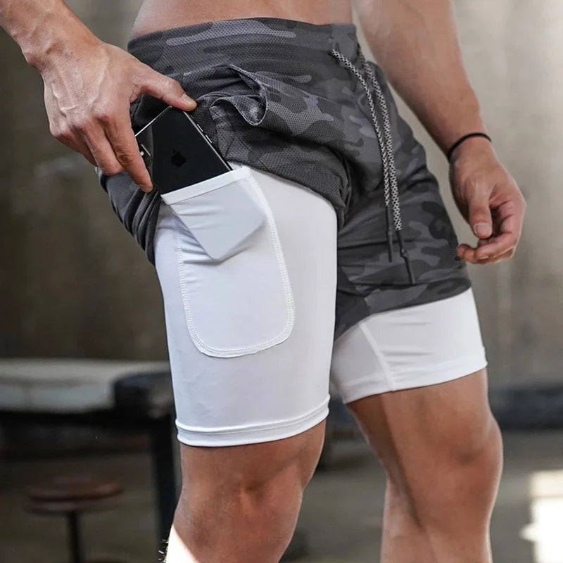 Camo Running Shorts for Men 2 in 1 Quick Dry Workout Training Gym Fitness Jogging Shorts