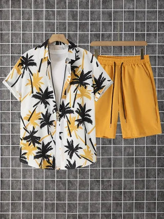 2-pack, men's short-sleeved button-down shirt with a lapel and printed pattern, paired with drawstring pants, for trendy, casual
