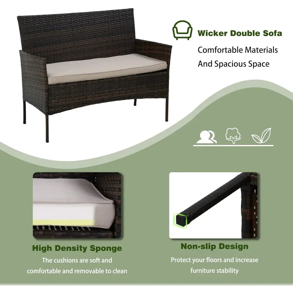 4 Pieces Patio Furniture Set Rattan Wicker Sofa Garden Conversation Set with Soft Cushions and Glass Table