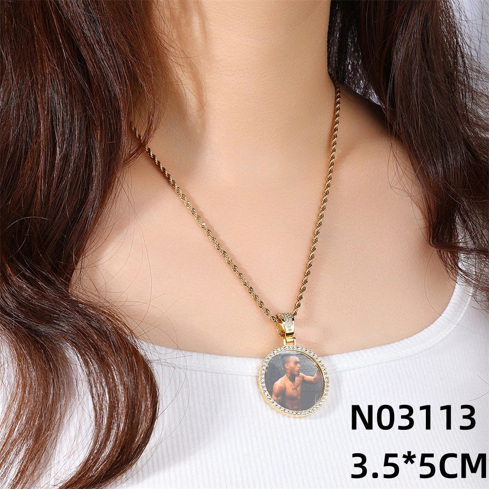 D Z New Custom Photo Pendant Big Size Solid Back 4 Millimeter Width Stones Side Hip Hop Jewelry Personalized Cubic Zircon Chains Gift