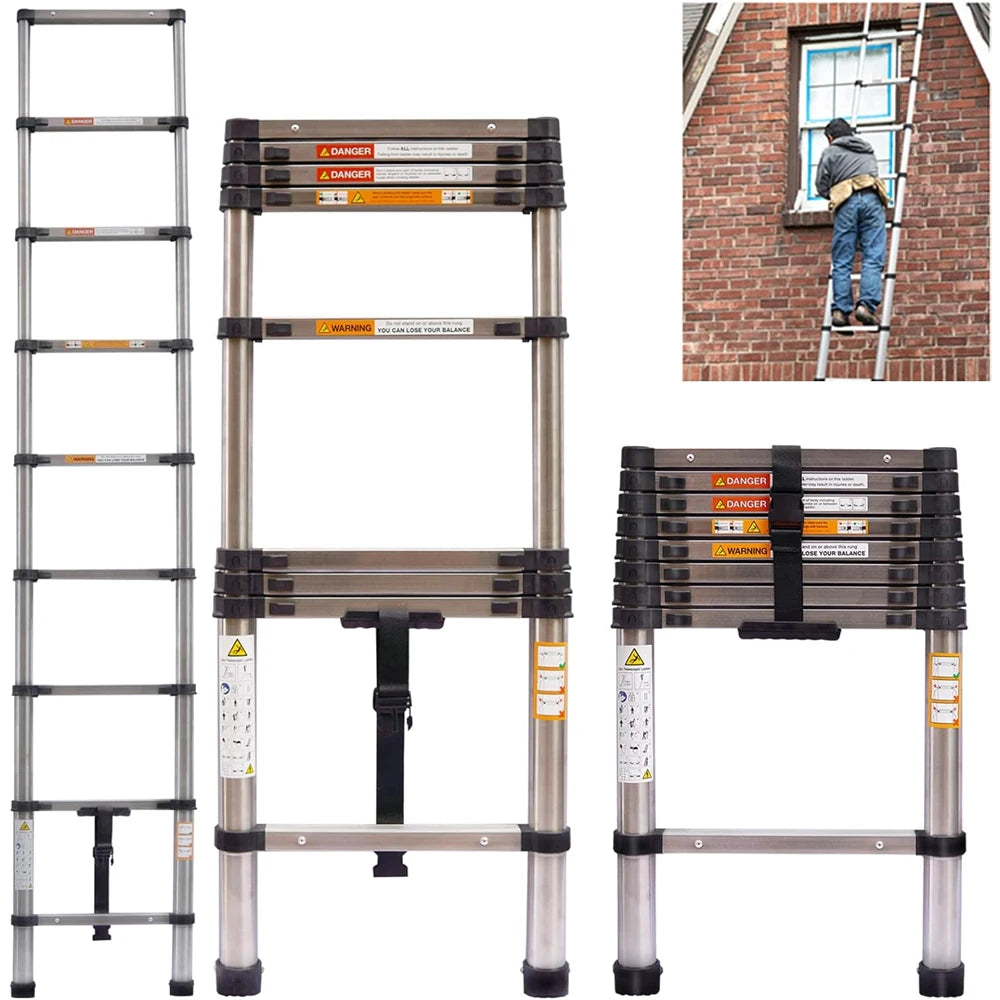 Extendable Telescopic Ladder 2.6M to 5M Heavy Duty Multi Purpose Folding Stainless Steel Portable Loft Ladder Tool