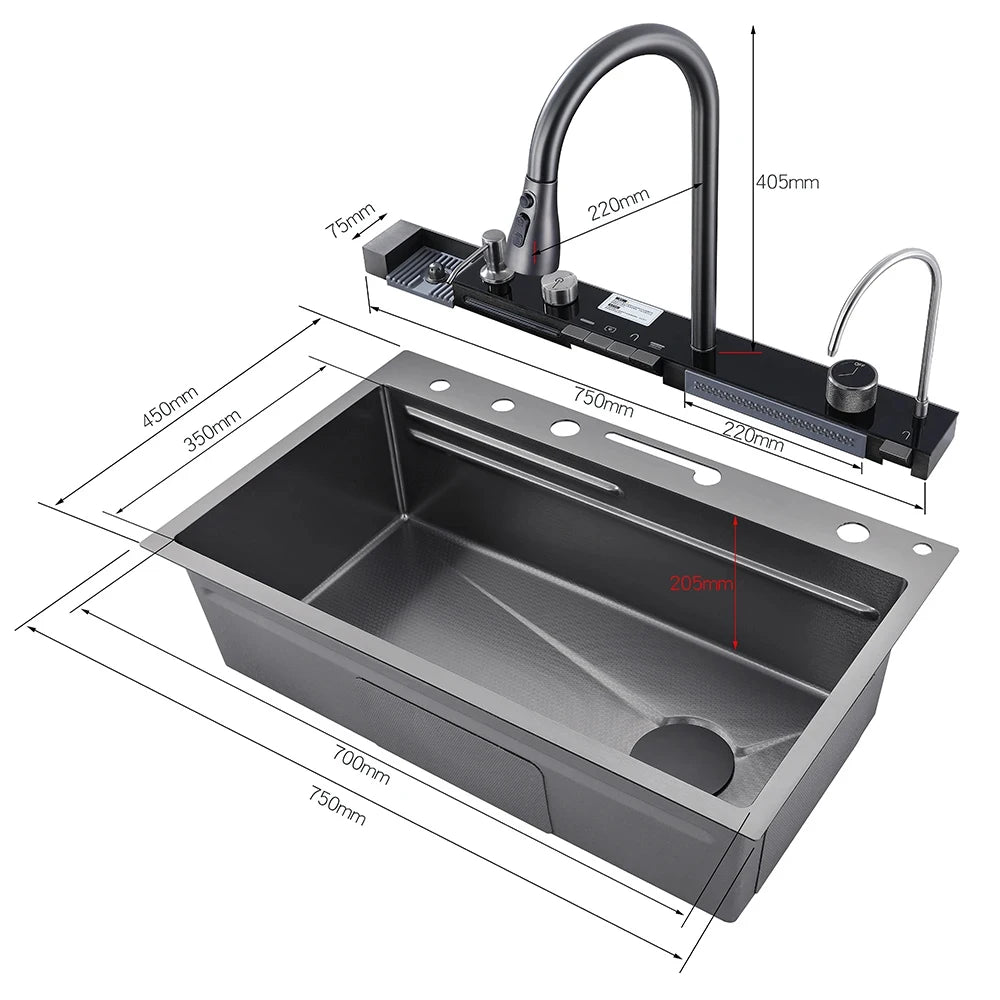 304 Stainless Steel Large Single Slot Waterfall Kitchen Sink with Integrated Digital Display Faucet Set and Soap Dispenser