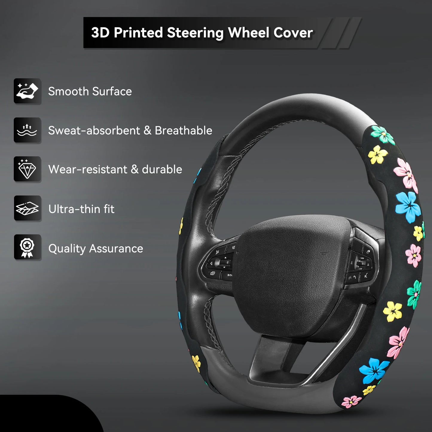 2PCS Universal Suede Car Steering Wheel Cover Floral Print Anti Slip for Women Car Interior Accessories