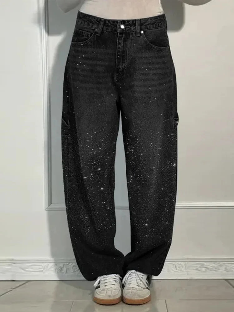 Shiny Rhinestone Baggy Women's Wide Leg Jeans Full Diamond Dragging Denim Pants Vintage Washed Casual Trousers