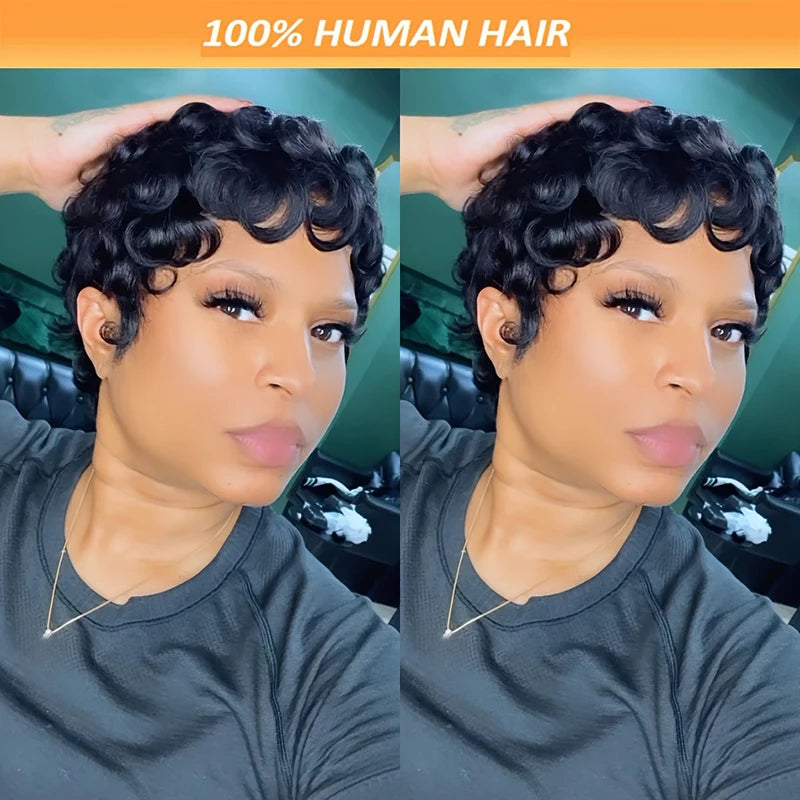 Htonicca Pixie Cut Wigs 100 Percent Human Hair Curly