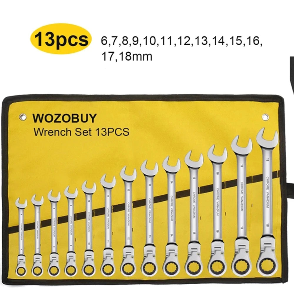 Ratcheting Combination Wrench Set 6-23mm Metric Flex Head Ratcheting Wrench Chrome Vanadium Steel Spanner with Bag