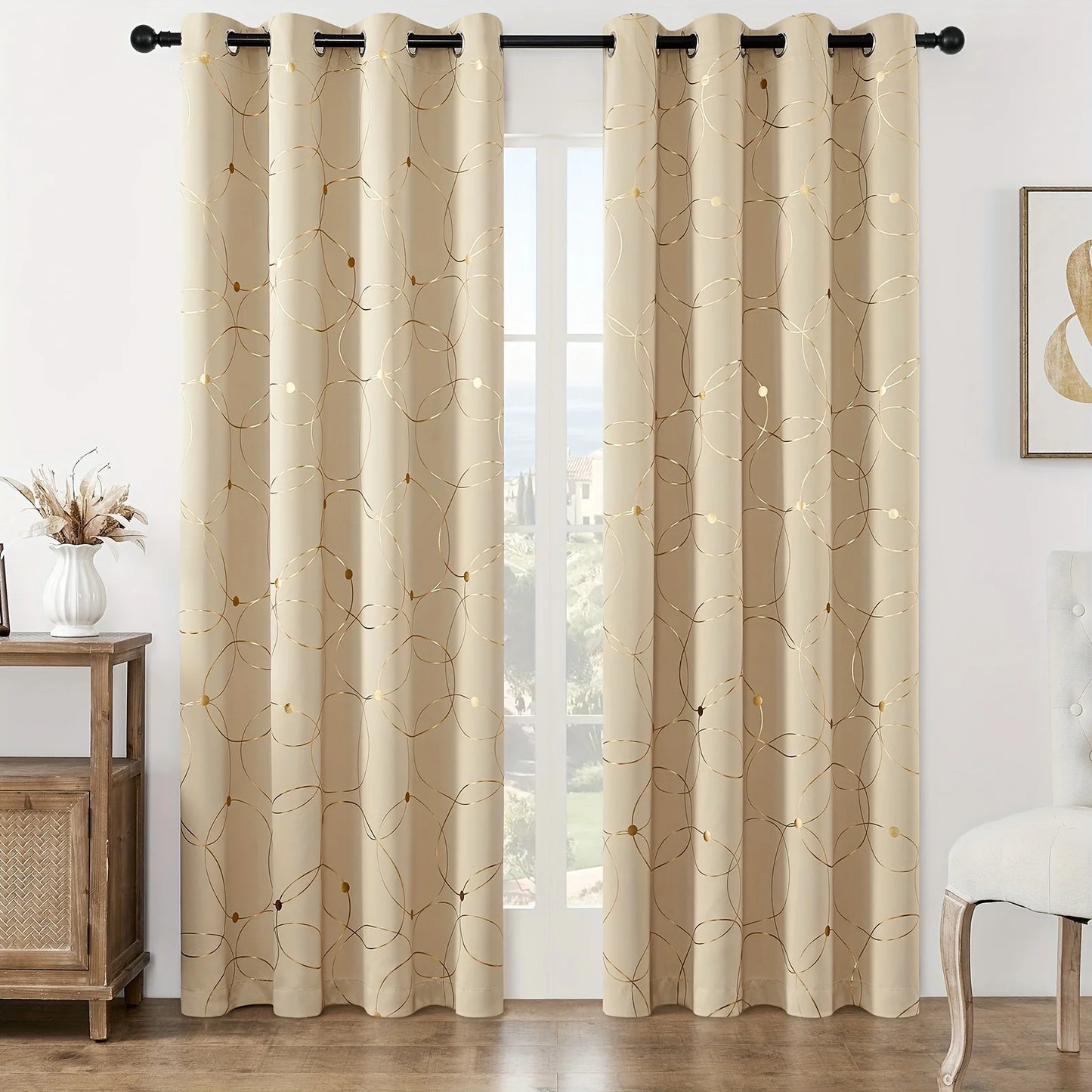 2Pcs Golden Wave &Circle Blackout Curtains Thermal Insulated Light Filtering Drapes with Grommet Top Living Room Bedroom