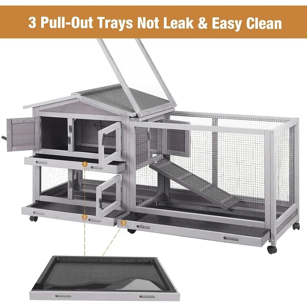 Bunny Cage Indoor and Outdoor Rabbit Hutch with Casters Waterproof Roof and Pull Out Tray