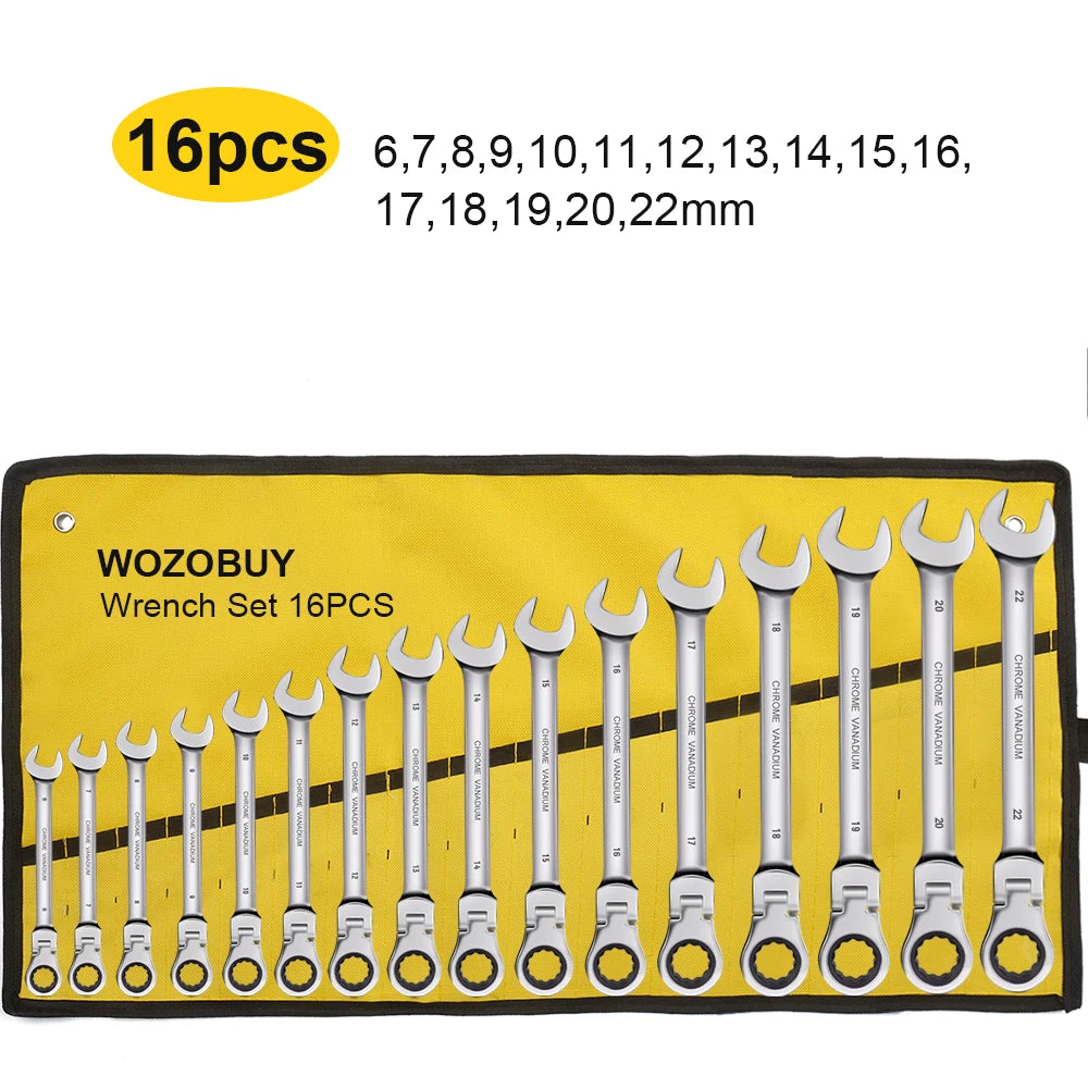 Ratcheting Combination Wrench Set 6-23mm Metric Flex Head Ratcheting Wrench Chrome Vanadium Steel Spanner with Bag