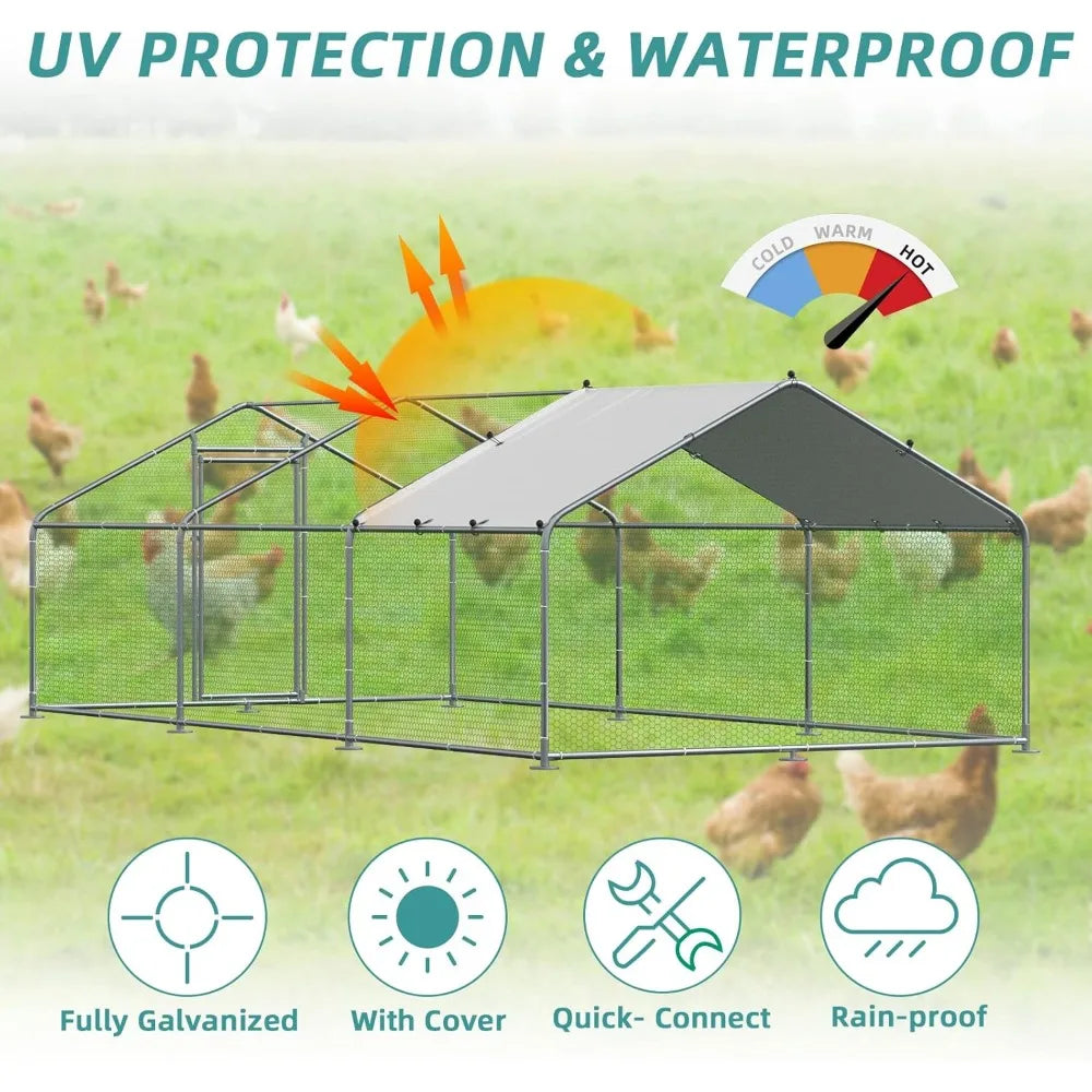 Large Metal Chicken Coop Run Walk In Enclosure Poultry Hen Run House Spire Shaped Chicken Pen with Waterproof and Anti UV Cover