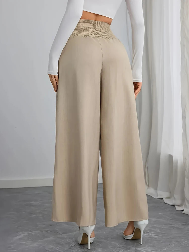 Plus Size Women's Casual Wide Leg Pants with Drawstring Waist and Pockets for Beach or Everyday Wear