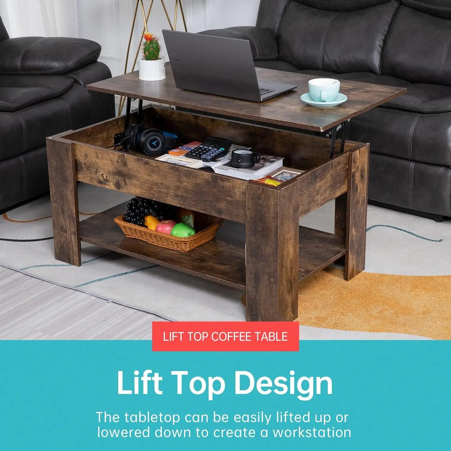 Lift Up Coffee Table With Hidden Compartments And Storage Shelves For Home Living Rooms