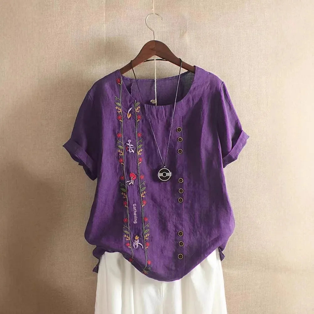 Retro Cotton Linen Short Sleeve Embroidered Flower Women's T Shirt Crew Neck Plus Size Shirt from Mainland China