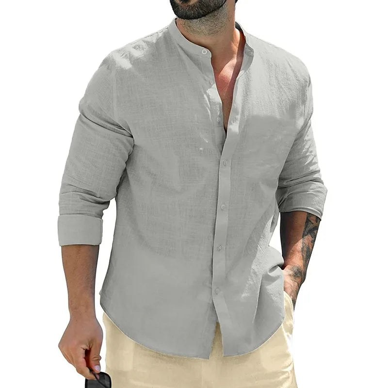 Autumn Men's Long Sleeve Cotton Business T Shirts Breathable Solid Color Streetwear Button Down Shirts White