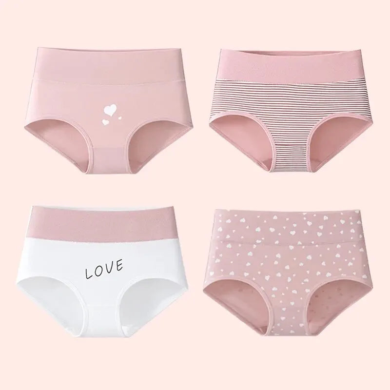 4Pcs Women's High Waist Underwear Fashion Print Briefs Breathable Cotton Plus Size M-5XL Female Lingerie