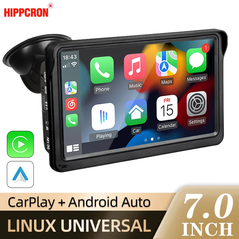 Hippcron 7 Inch Car Radio Multimedia Video Player Wireless Carplay Wireless Android Auto Portable Universal Touch Screen