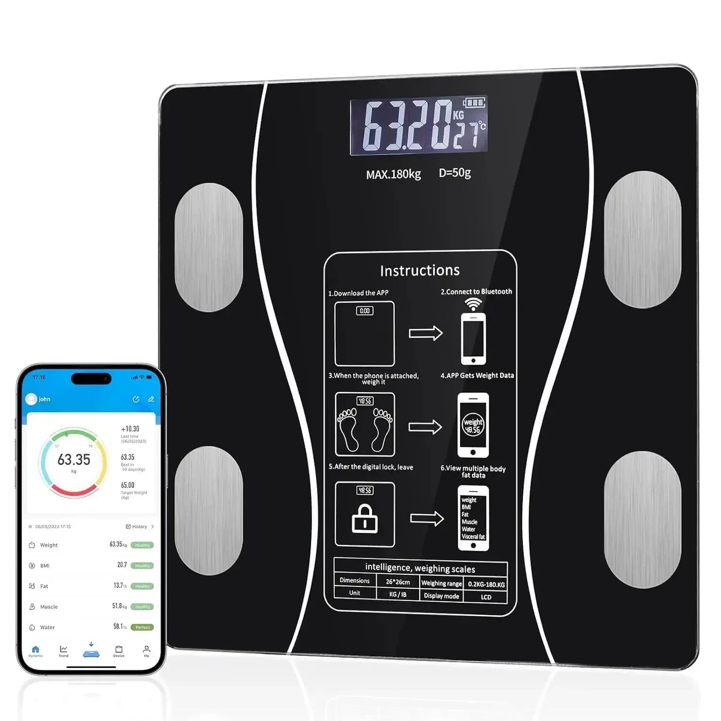 Hot Selling Bluetooth Body Fat Scale Intelligent Digital Bathroom Wireless Weight Scale USB Charging