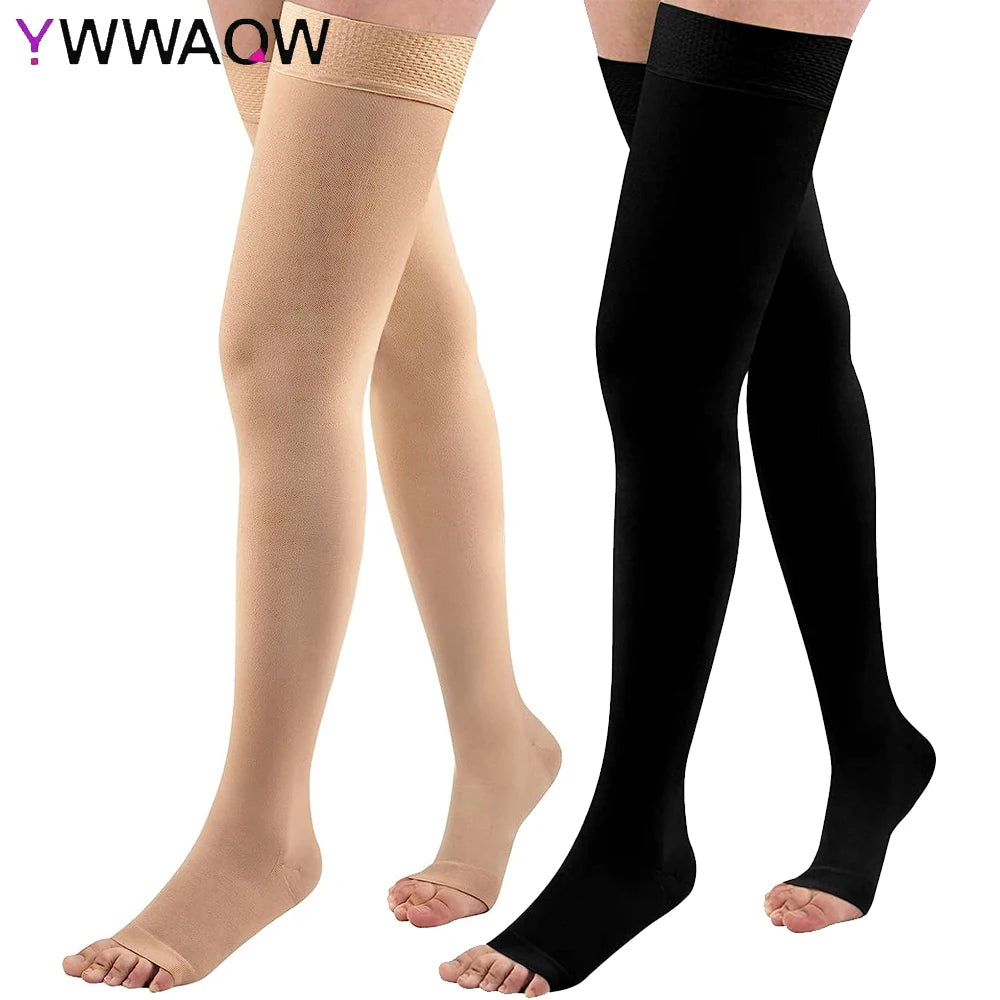 1 Pair Thigh High 20-32 mmHg Compression Stockings Toeless Compression Socks for Men and Women Circulation with Silicone Dot Band