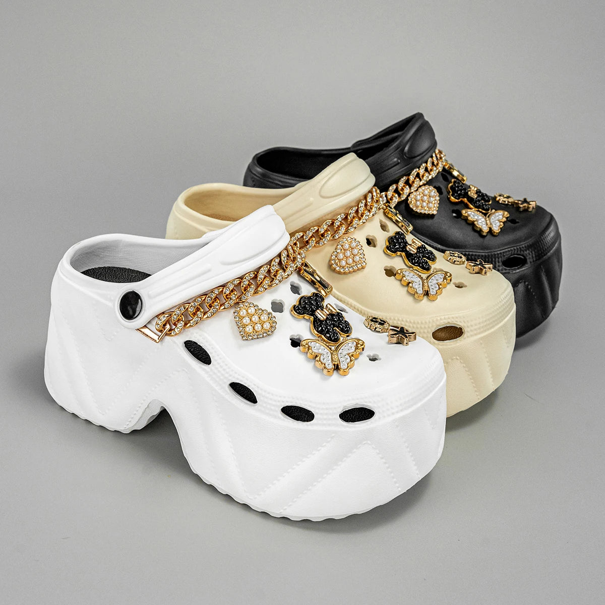 New Fashion Chain Black and White Bear High Heel Imitation Leather Pattern Clogs
