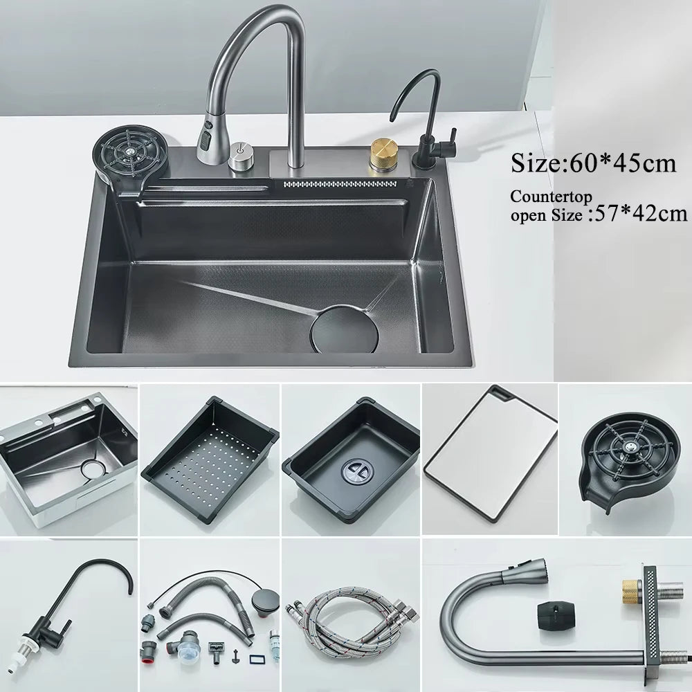 304 Stainless Steel Large Single Slot Waterfall Kitchen Sink with Integrated Digital Display Faucet Set and Soap Dispenser