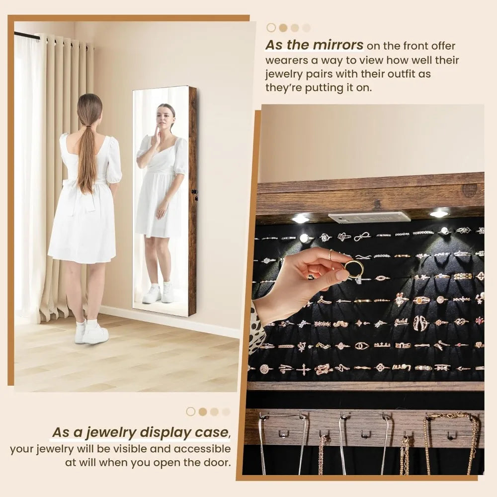 2 LEDs Full Length Mirror Jewelry Armoire with Storage and Mounting Options 47.5 Inch Jewelry Cabinet