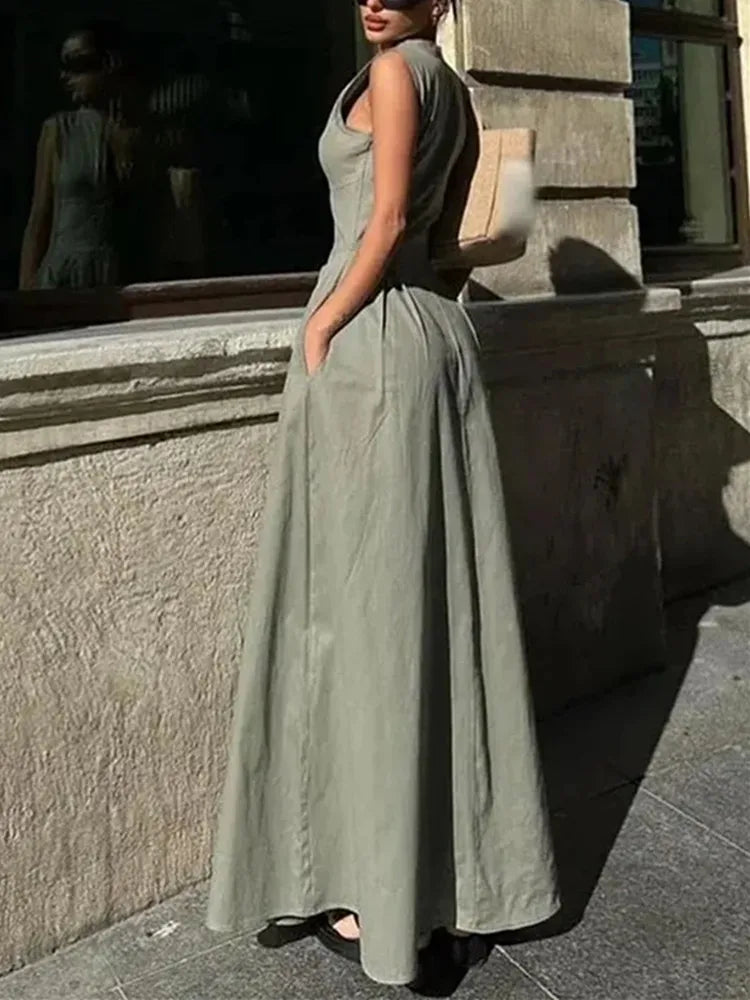TRAF Zipper Long Dress Women Pleated Sleeveless Bodycon Dress Summer Elegant Party Midi Dresses 2024