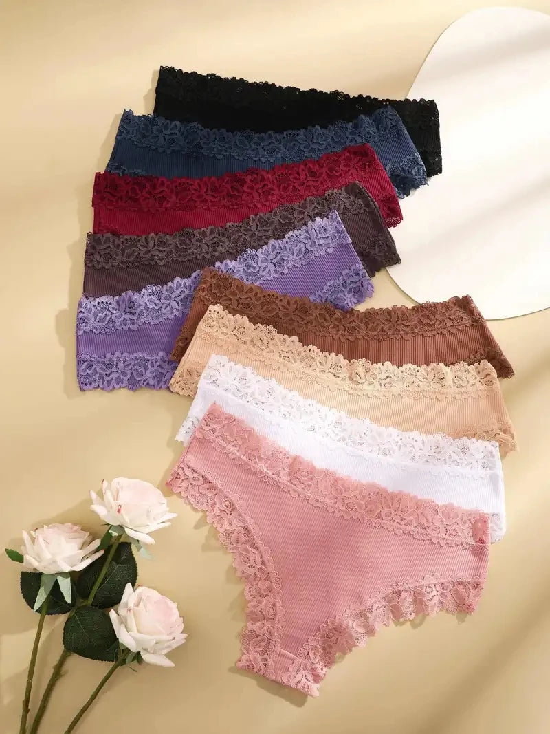 5 Pcs Set Women Cotton Floral Lace Intimate Underwear Trendy Patchwork Lace Briefs Soft Lingerie S-XL
