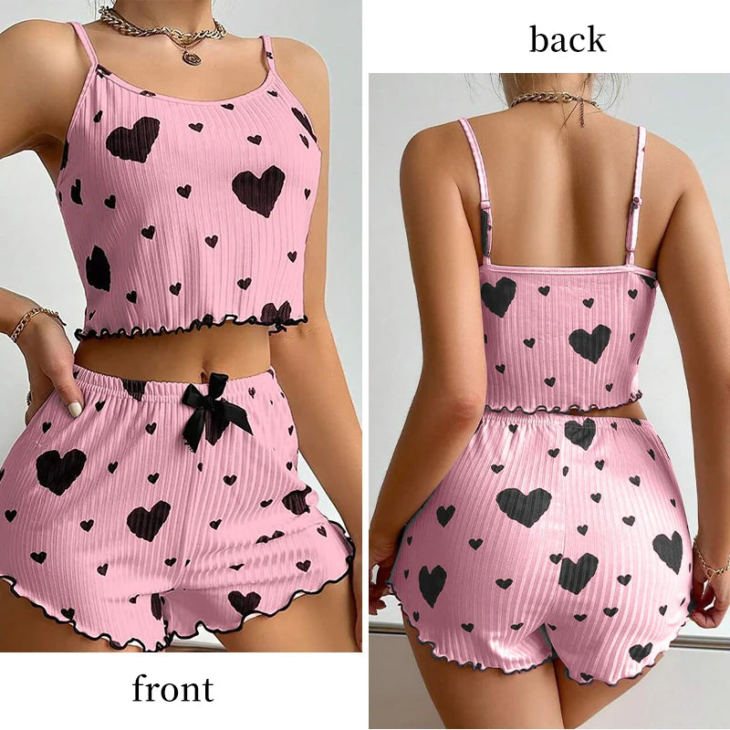 Women's 2 Piece Pajama Set Casual Sleepwear Short Tank Tops and Shorts White Soft Ventilate Love Print S M L