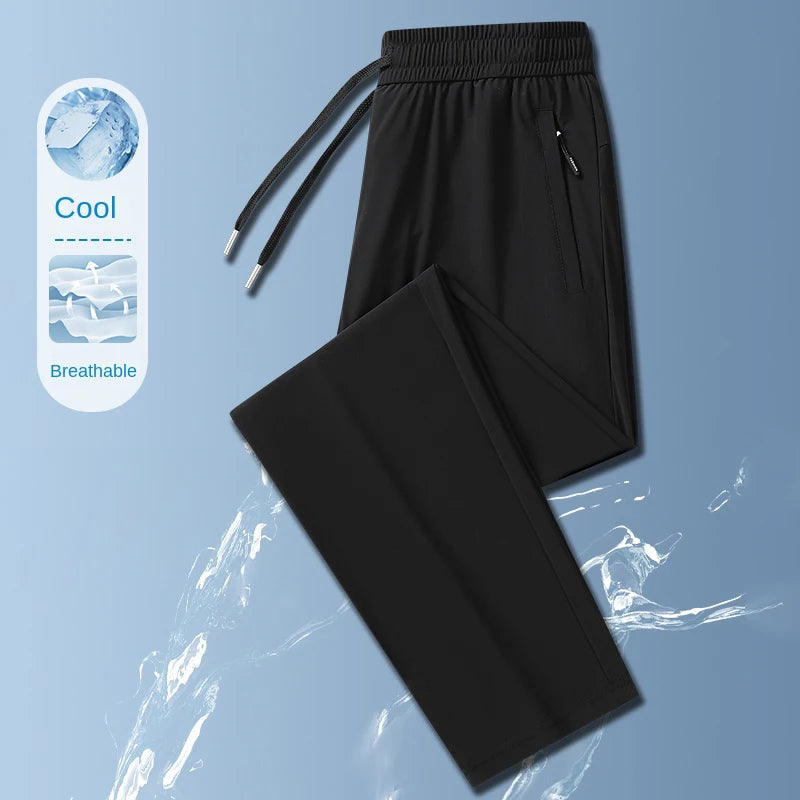 Ice Silk Men's trousers 2024 summer black-and-gray thin style business casual pants outdoor stretch breathable straight leg loos