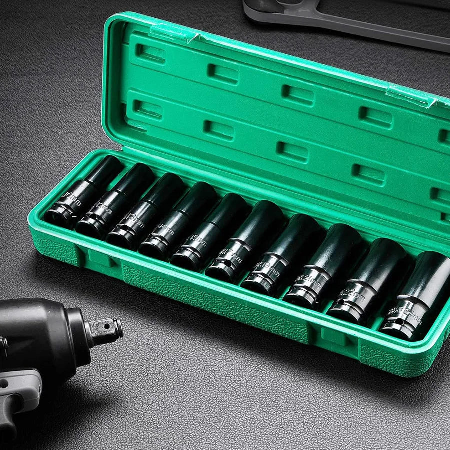 1/2 Inch Drive 6 Point Impact Socket Set 10 Piece Metric Sizes 8 To 24mm Carbon Steel Impact Sockets with Hard Storage Box