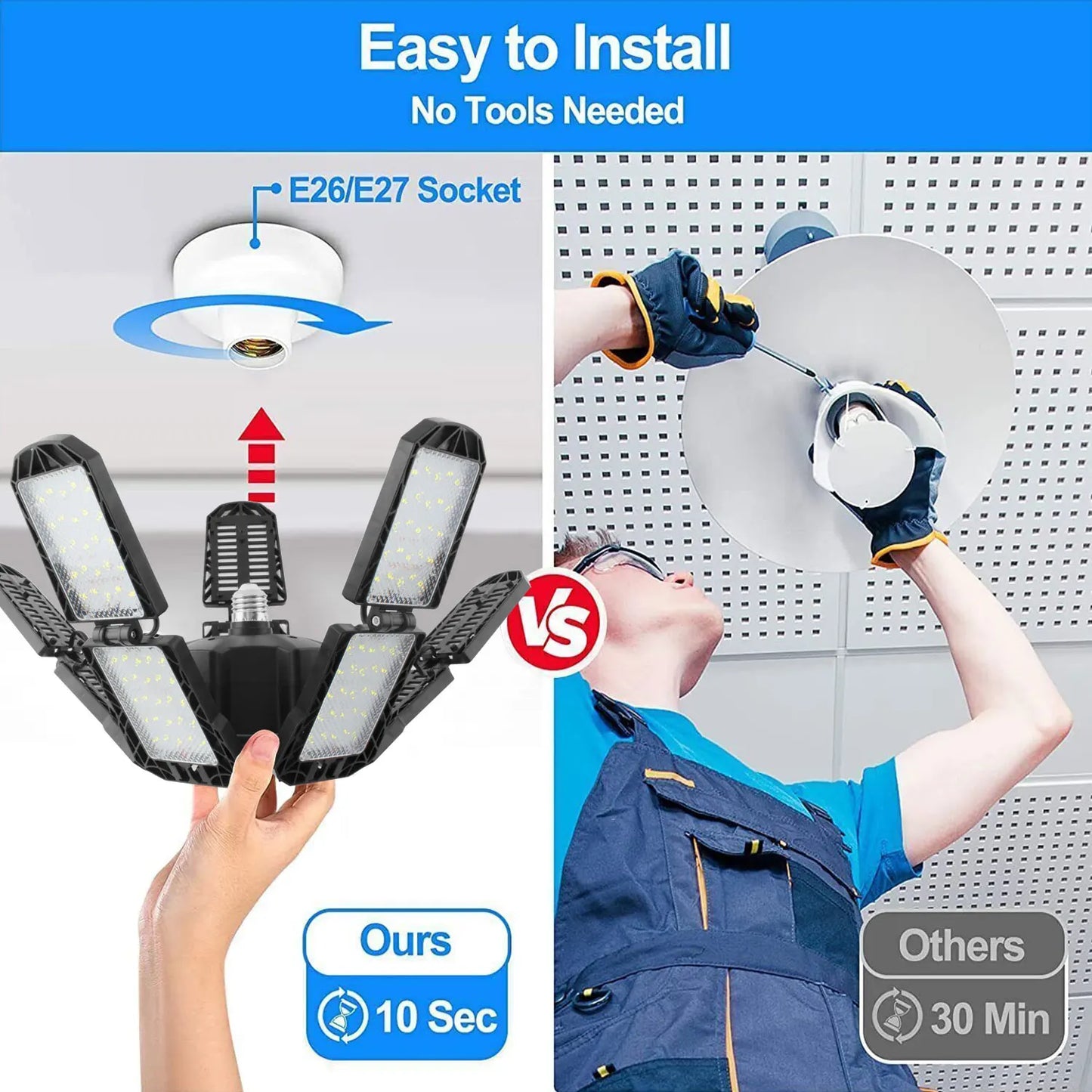Deformable Ceiling LED Garage Lights 6500K Shop Light for Industrial Workspace