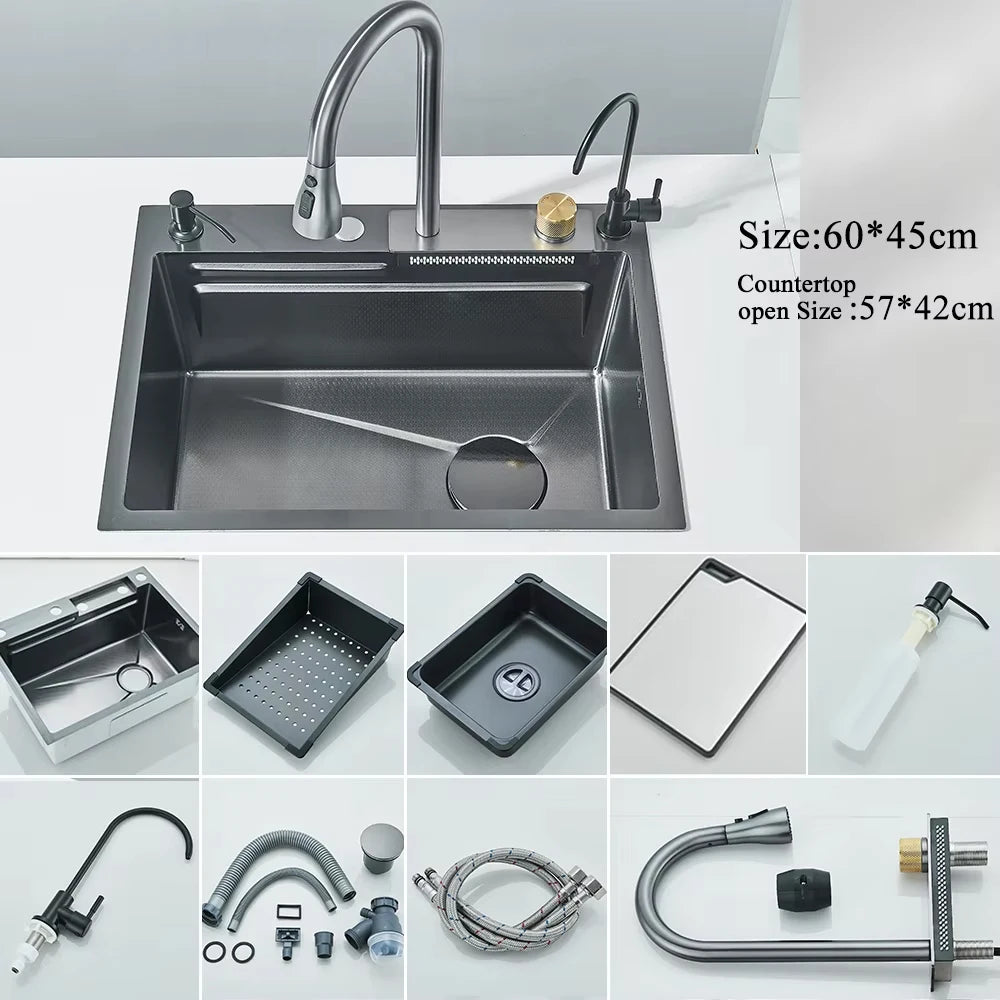 304 Stainless Steel Large Single Slot Waterfall Kitchen Sink with Integrated Digital Display Faucet Set and Soap Dispenser
