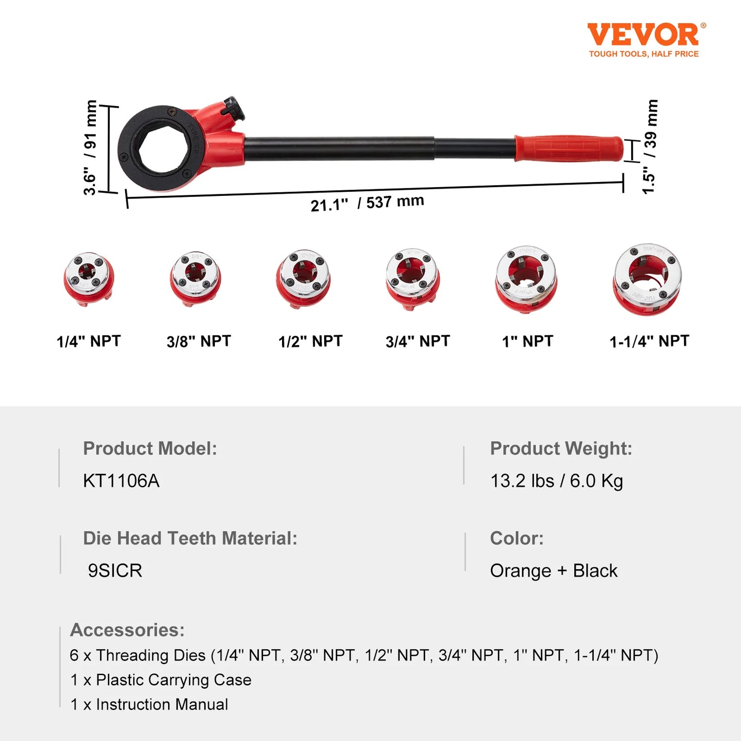 VEVOR Manual Pipe Threader Ratchet Tool Portable Pipe Threading Set with 6 Pieces NPT Dies for Galvanized Aluminum Iron Copper Pipes