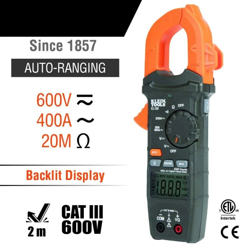 CL120 Digital Clamp Meter Auto Ranging 400 Amp AC AC DC Voltage Resistance Continuity Non Contact Voltage Tester