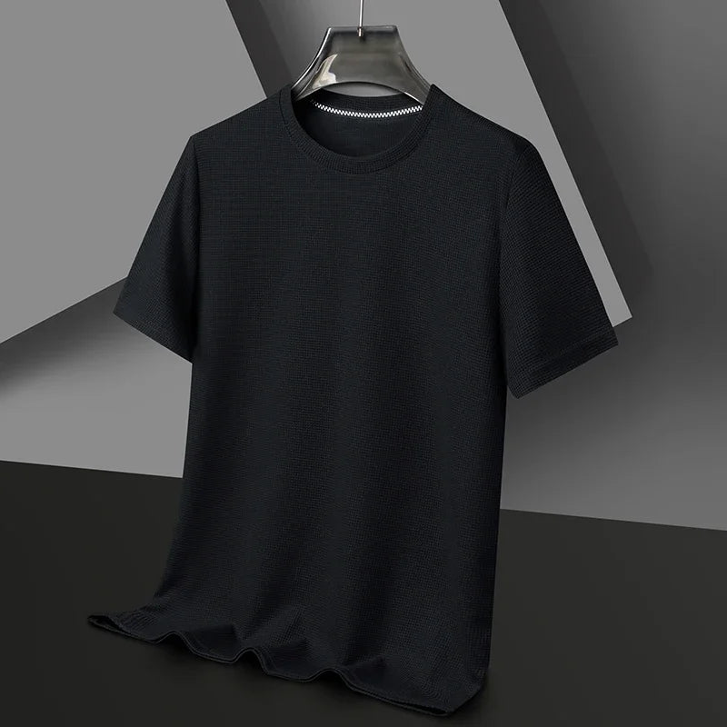 New Summer Waffle Round Neck Short Sleeved T Shirt for Men Casual Top