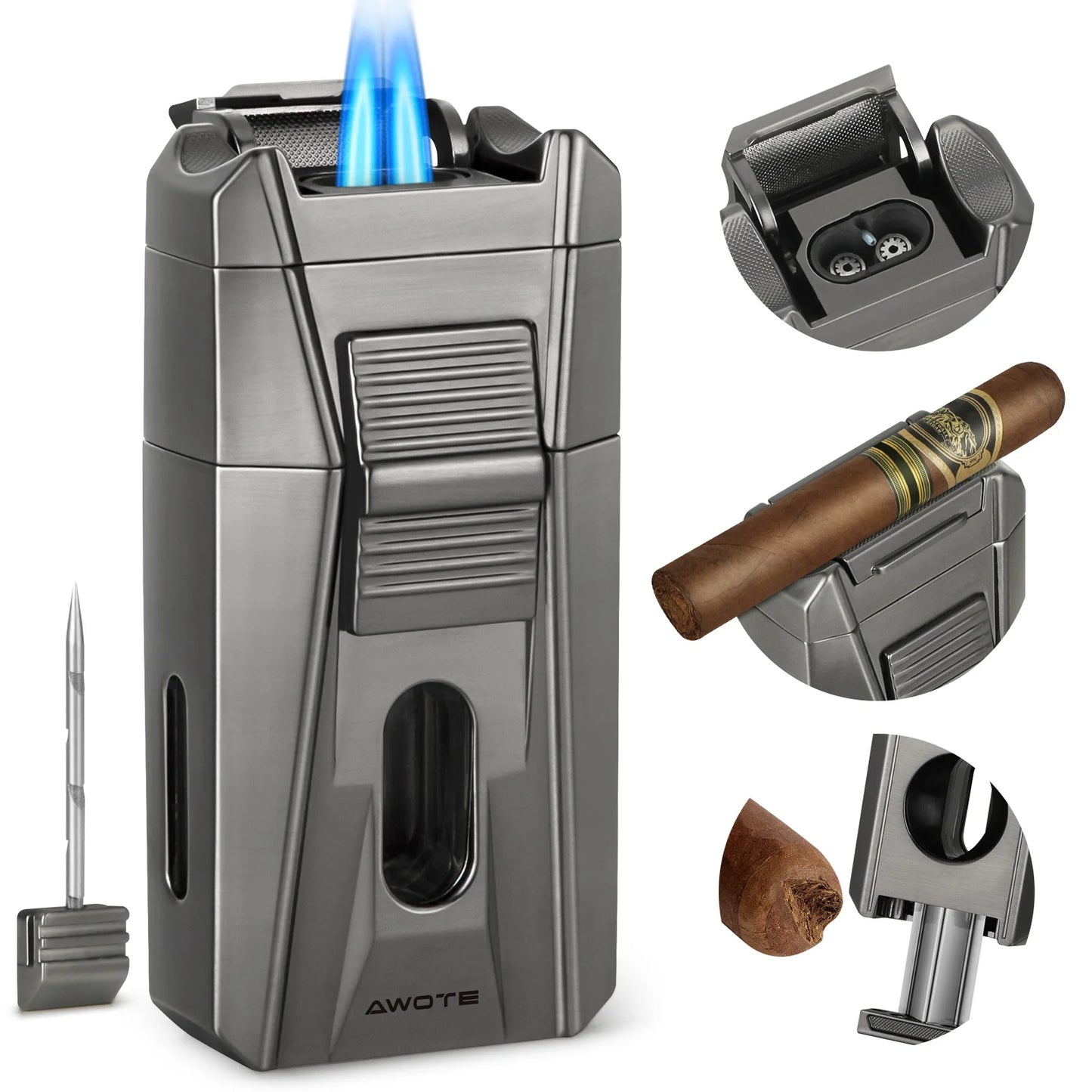 AWOTE Cigar Lighter with Double Jet Flame, Refillable Cigar Torch Lighter with Cigar Holder, V-Cigar Cutter, Cigar Draw Enhancer