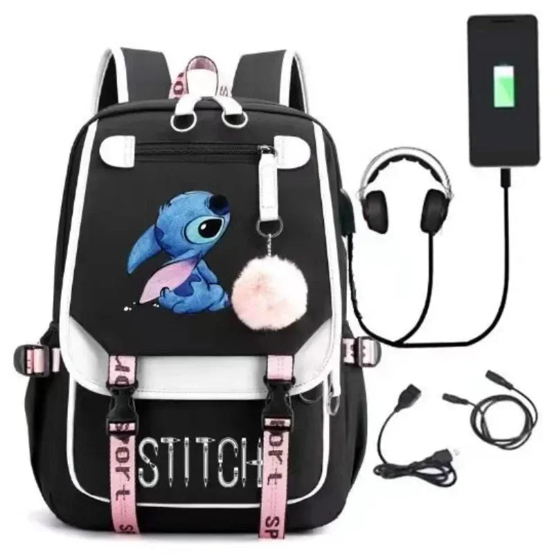 Miniso Disney 2025 New Series Cute Stitch Casual USB Charging Backpack Large Capacity Fashion Zipper High Quality Softback