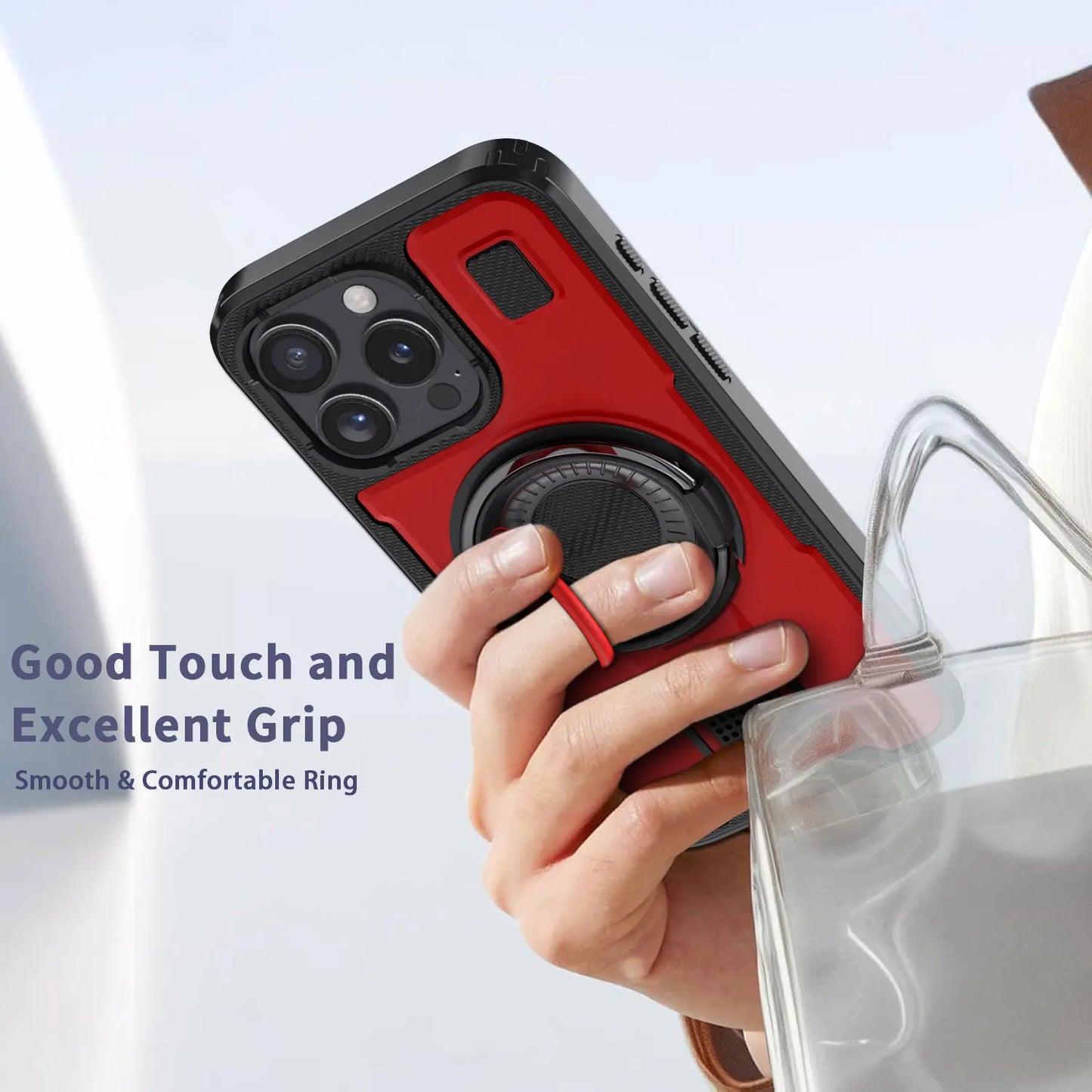 For iPhone 16 16 Plus 16 Pro 16 Pro Max Hybrid Shockproof Case with Double Ring Kickstand Rugged Hard Slim Thin Cover Red