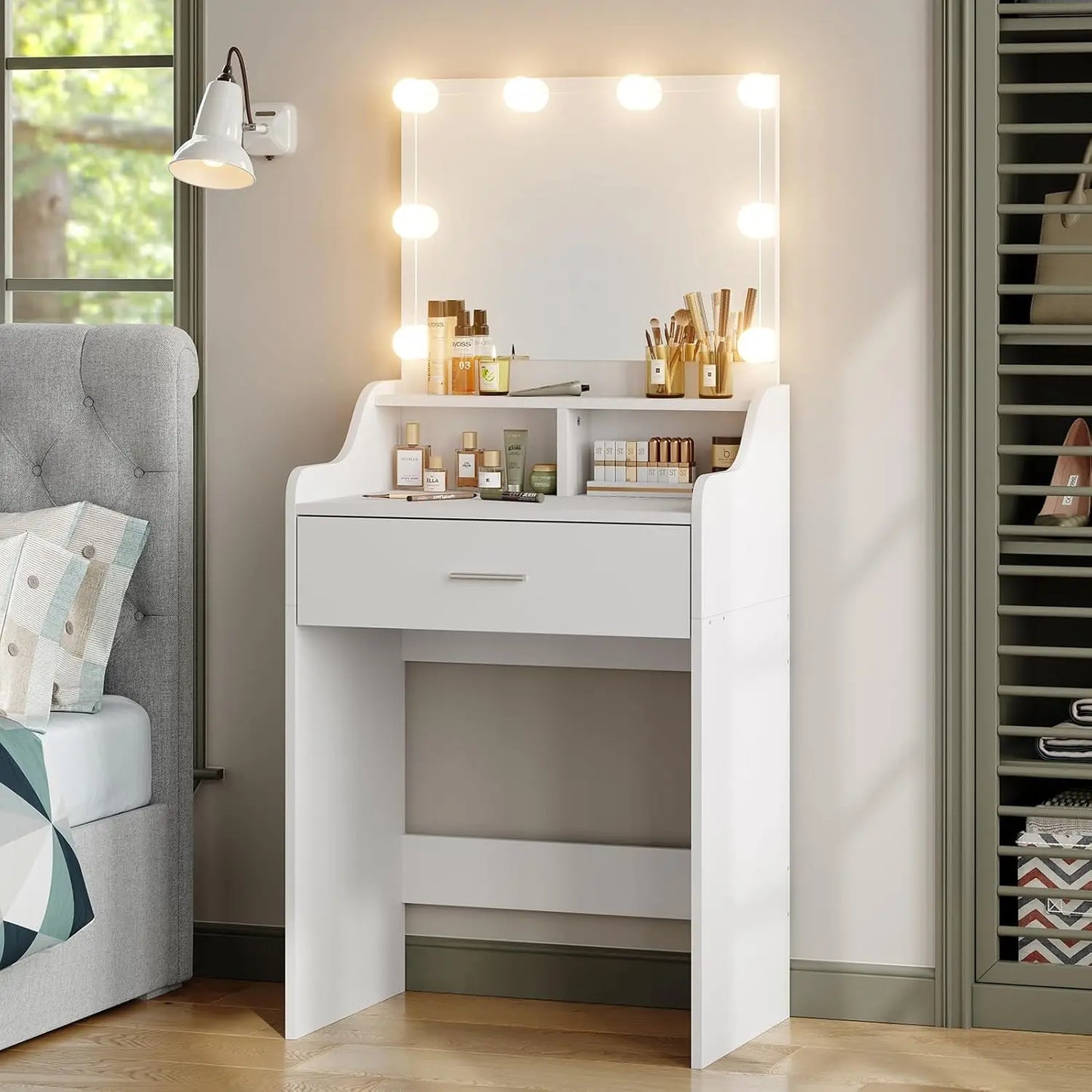 37 Inch White Vanity Desk with Lights and Adjustable Brightness Vanity Mirror Set with 5 Drawers for Bedroom