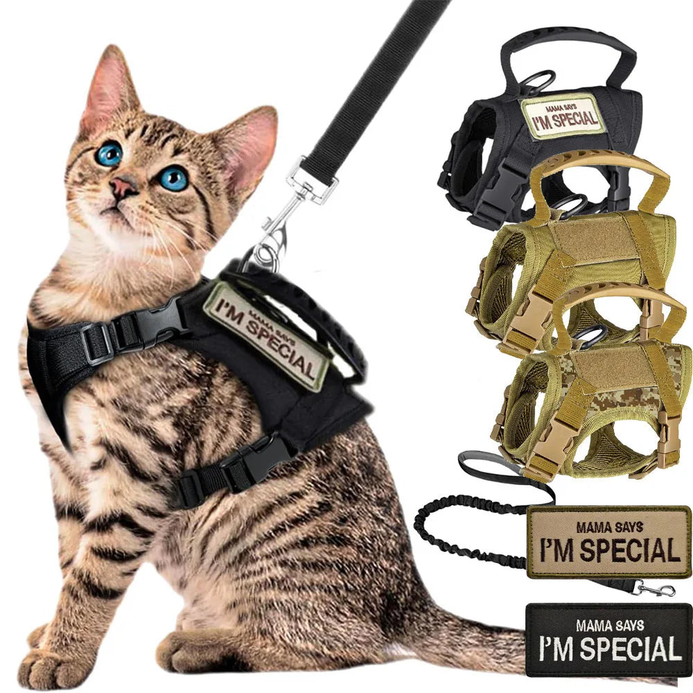 Tactical Cat Dog Harness Leash Adjustable Pet Vest Soft Mesh Training Puppy Straps with Handle for Large Cats
