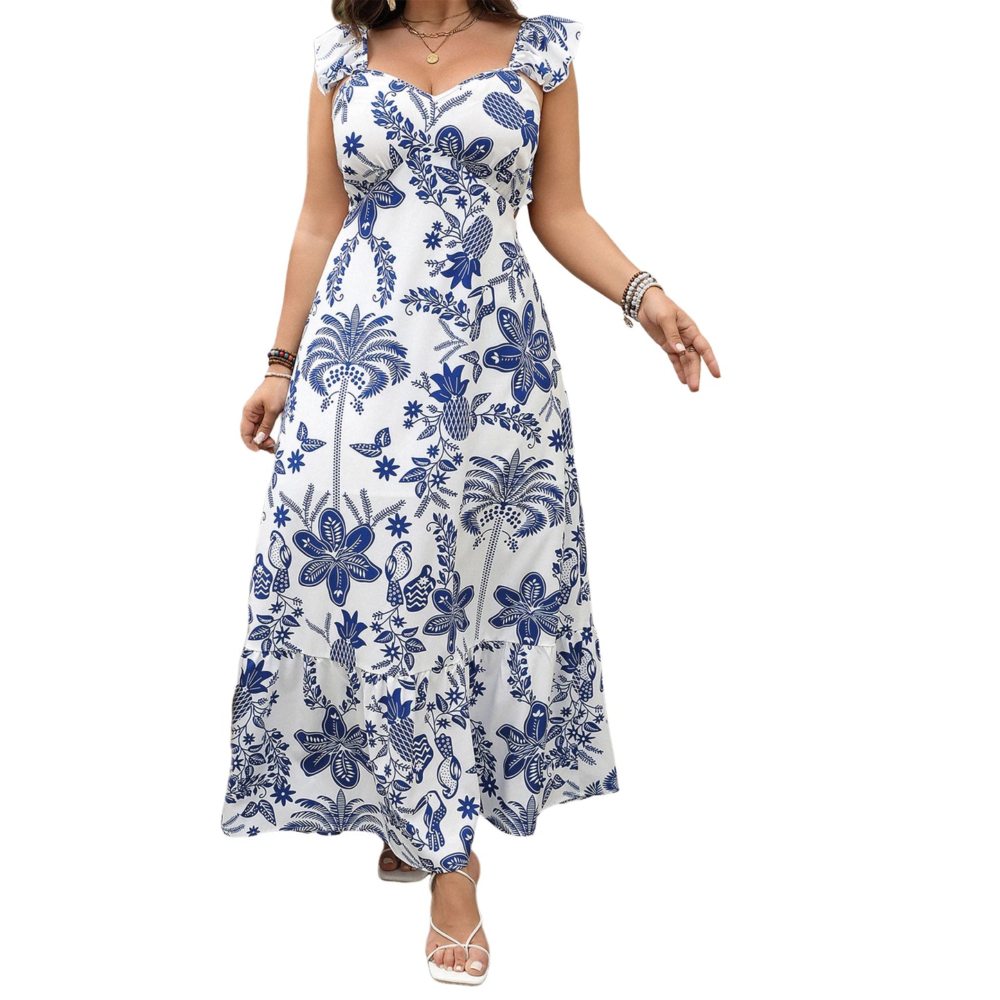 Elegant Women's Summer Dress with Floral Print V Neckline Sleeveless Backless Plus Size A Line