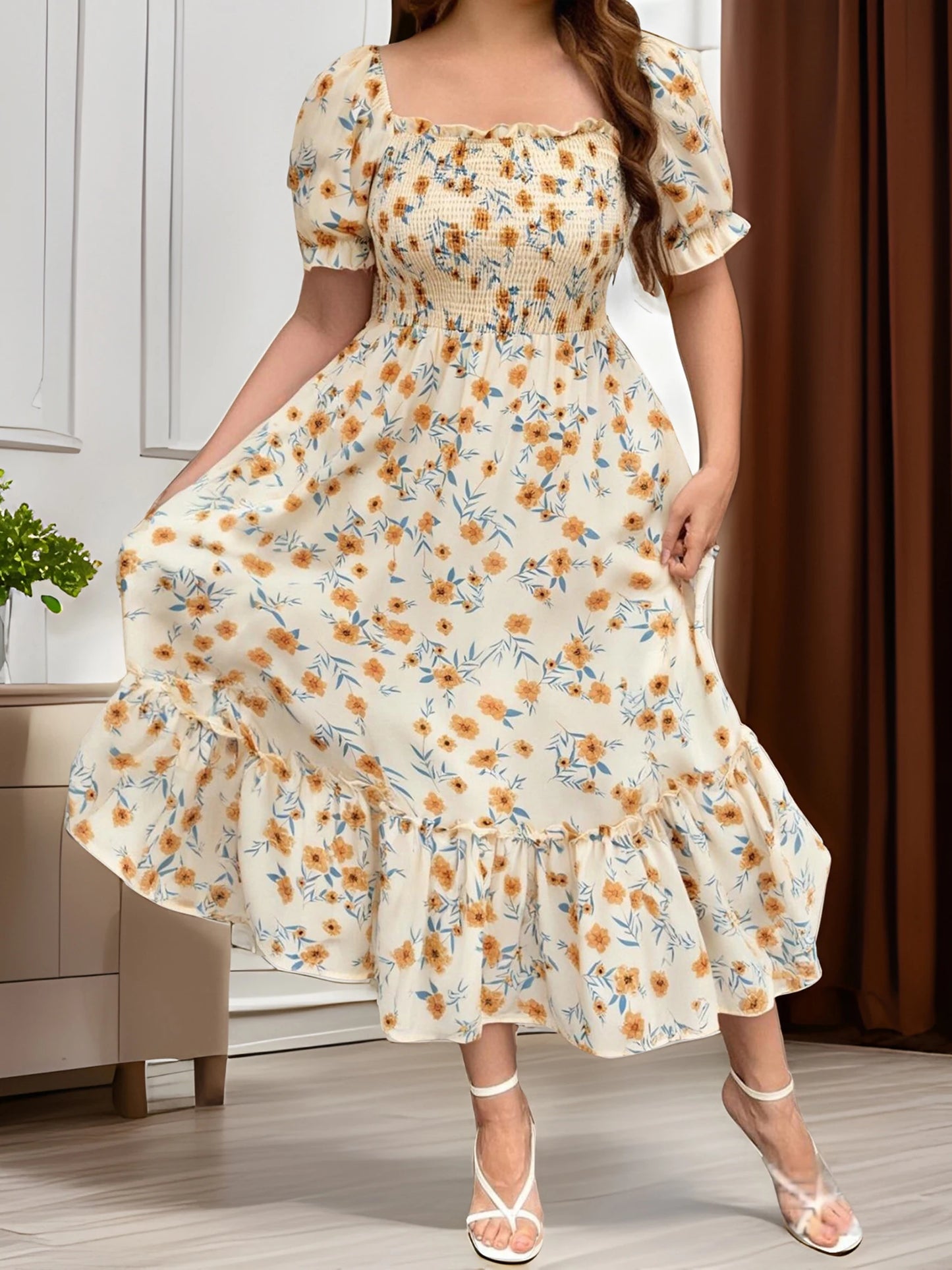 Elegant Plus Size Maxi Dress with V Neck and Ruffle Sleeves for Summer Parties and Special Occasions