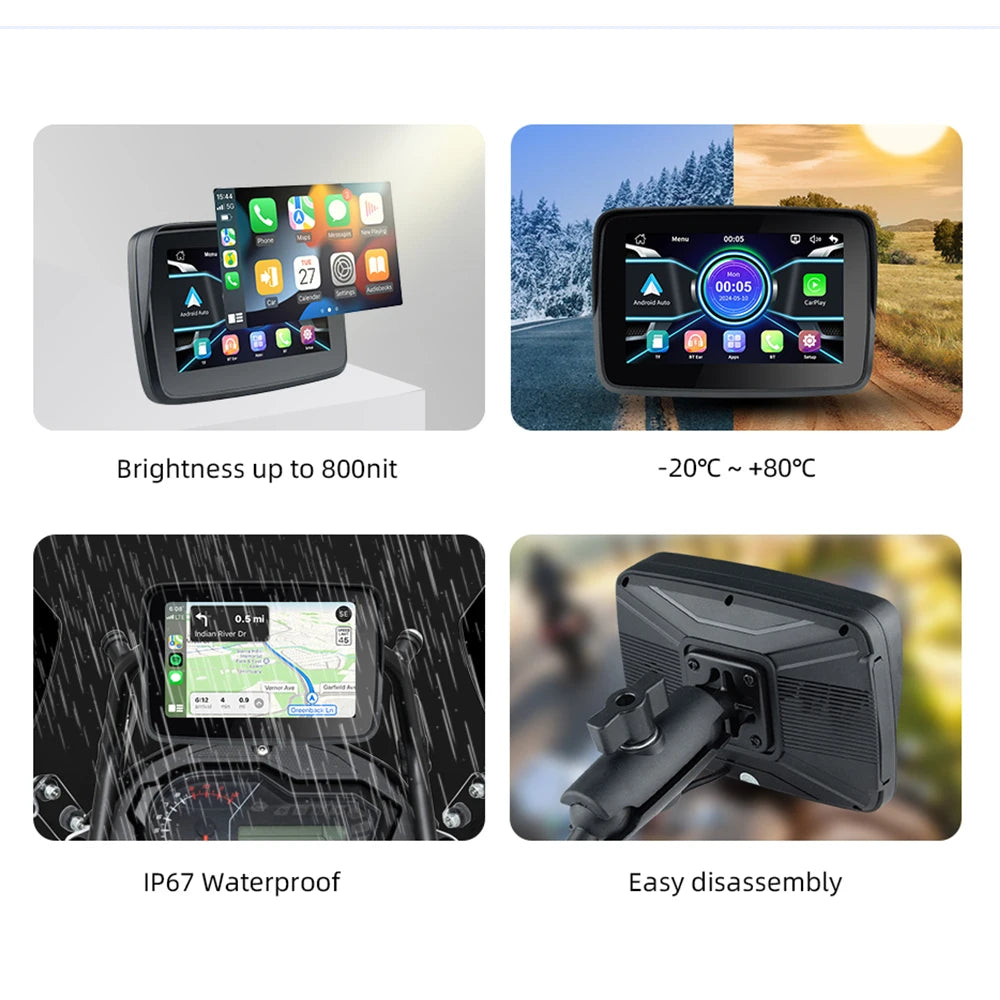 EKIY 5 Inch Wireless CarPlay and Android Auto Portable Motorcycle GPS Navigation Display Screen