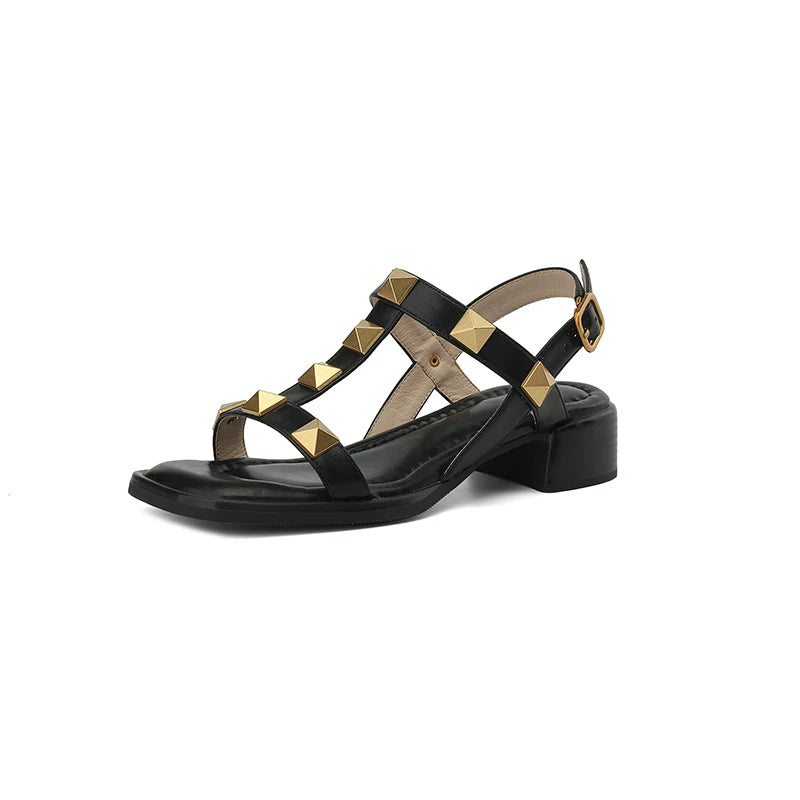 US 5-10Size Genuine Leather Studded Slingback Heel Rivet Women's Sandals With Adjustable Ankle Buckle Roman Pumps Heels Sandals