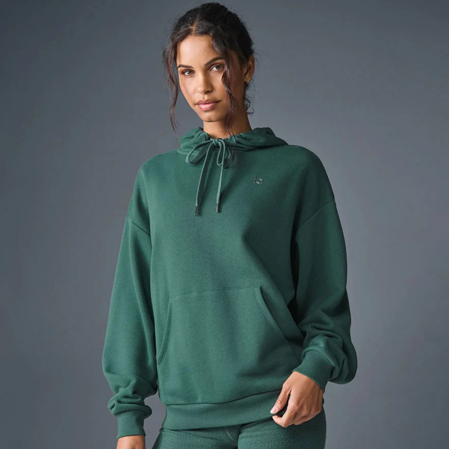 LO Casual Versatile Pure Cotton Pullover Hoodie Sports Outdoor Top Long Sleeved Hooded Solid Color Loose Autumn/winter Hoodie